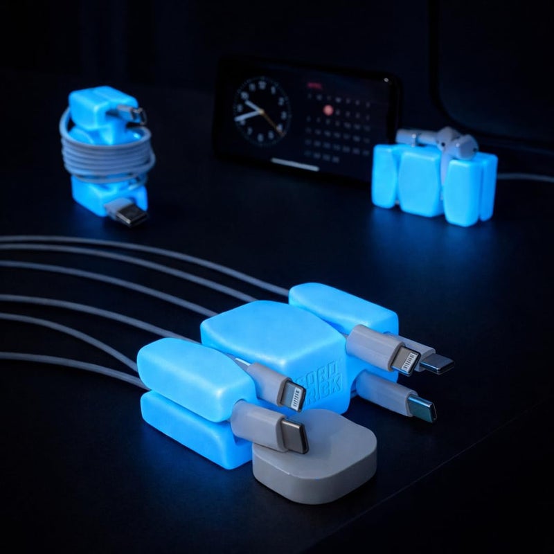 CordBrick GlowBrick Stocking Stuffers for Adults Cord Management Weighted Cord Holder Cable Wrap Phone Stand - Glow-in-The-Dark Gadget Organizer for Nightstand. Gift for Men, Silicone. 4pk Glowing Blue - Image 1